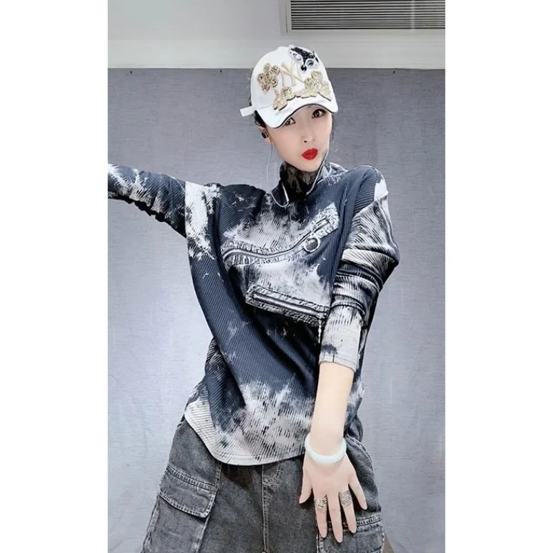 

Punk Tie Dye Long Sleeve Knit Tshirt 2020 New Fashion Turtleneck T-shirts Pullover Womens Tops egirl 2021 Spring LT257S50