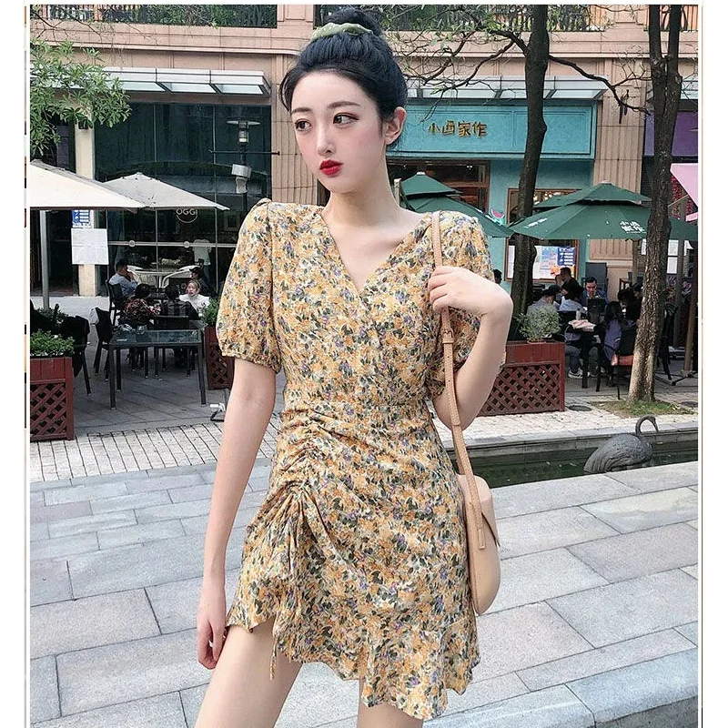 

2021 Summer Women's Dress V Collar Short Sleeve New Fashion Floral Temperament Slimming Casual Female Drawstring Mini Dress