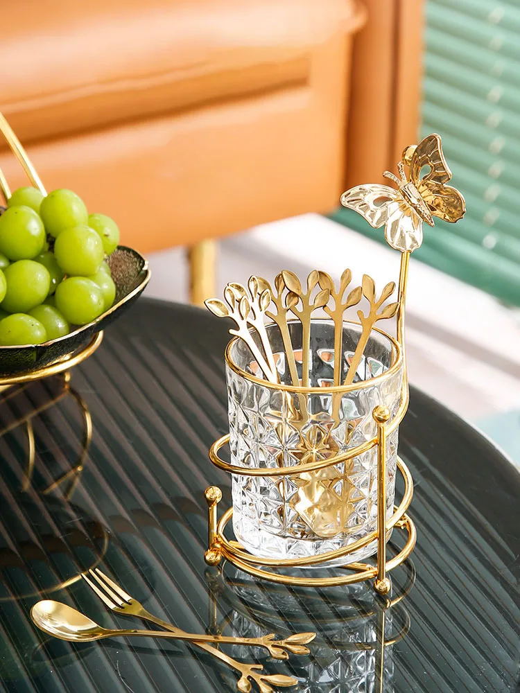 

Exquisite Stainless Steel Flatware Nordic Light Luxury Fruit Cake Forks With Glass Storage Tank Dessert Spoon Household Cutlery