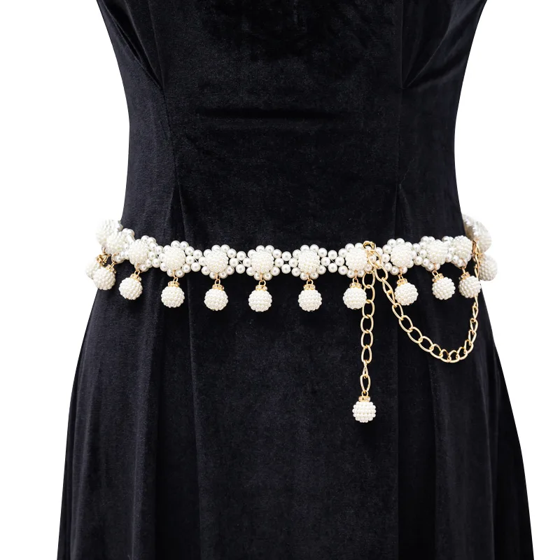 Pearl Thin Waist Chain for Women Elastic Fashion Belt with Dress Sweet Flower Shape Decorative Skirt Lady Luxury Designer Belt