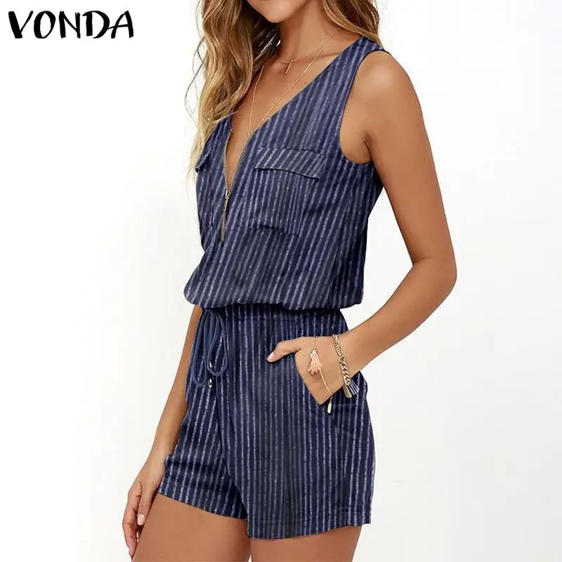 

Casual V Neck Rompers Women's Fashion Jumpsuits VONDA 2022 Women Summer Overalls Stripe Short Sleeveless Playsuits