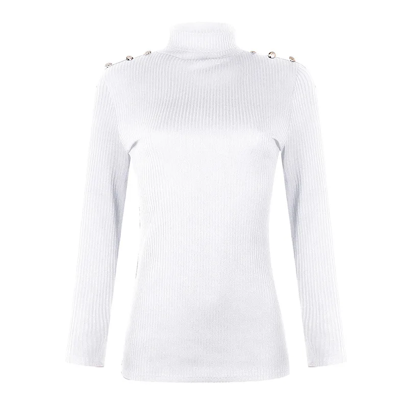 

Autumn and Winter Women's Warm Bottoming Shirt Fashion Button Solid Color High Neck Bottoming Shirt Top Knitted Tight T-shirt