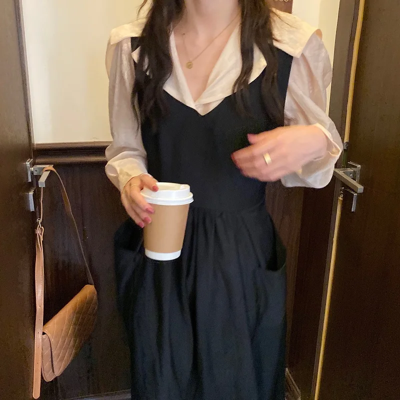 Женские весенние винтажные французские длинные платья с отложным воротником