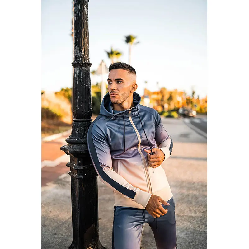 

Повседневный комплект из двух предметов, новинка 2021, цветной блокирующий спортивный мужской эластичный спортивный костюм на молнии с капюш...