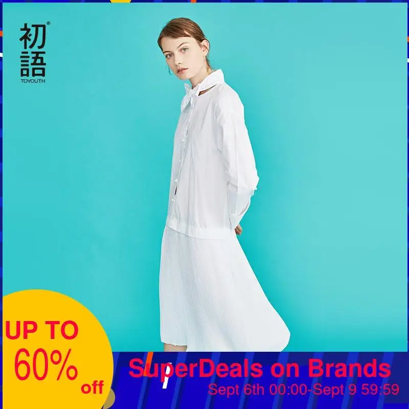 Toyouth Осень Белый бантом платья свободный плюс Размеры Кнопка женское платье