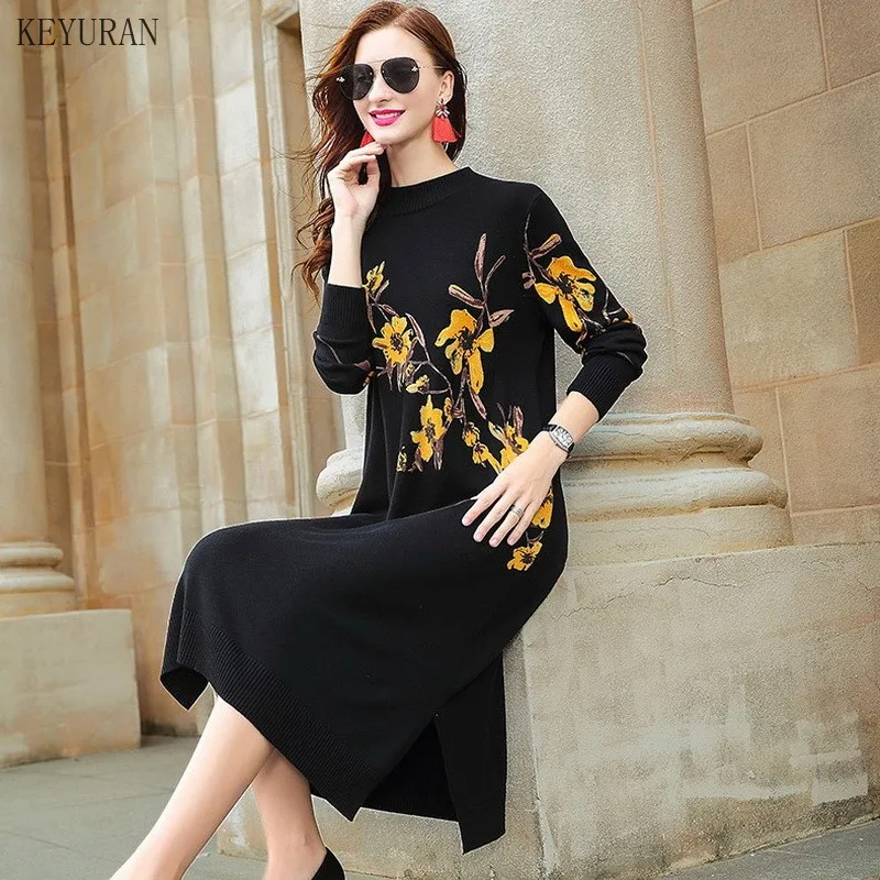 

Женское платье-свитер, черное свободное винтажное платье-миди с цветочным принтом, с воротником-хомутом, Осень-зима 2021