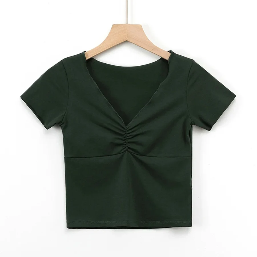 

French Romance Crop Tops Women Summer Sexy V Neck Top pleated slim T-shirt Solid color Women's short sleeve top casual tee shirt