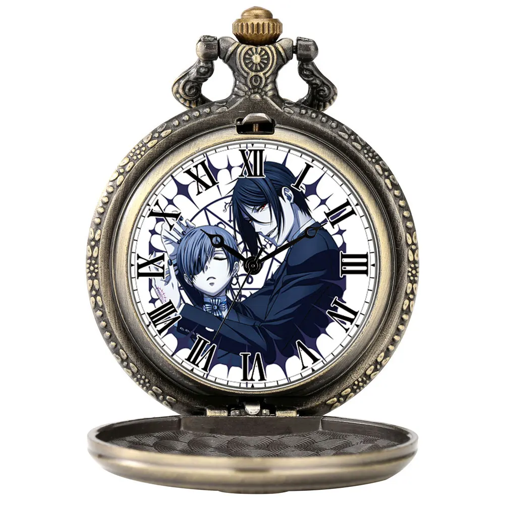 

Brass Pocket Watch Japanese Anime Dark Deacon Roman Numerals Dial Present For Friends Men Women Vintage Quartz Pendant Clock