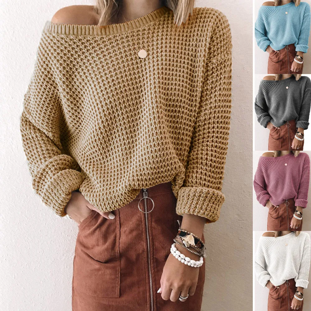 

2021 new sweater ladies solid color loose oblique collar long-sleeved knitted top autumn and winter sweater