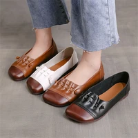 womens retro flats 2021 autumn new square toe soft leather ladies slip on loafers 35 43 large sized female office shoes