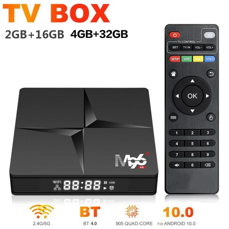 

ТВ-приставка M96 + Android 10 2/4 ГБ 16 ГБ 32 ГБ 4K H.265 медиаплеер 3D видео 2,4G 5 ГГц Wi-Fi Bluetooth-совместимая Смарт ТВ-приставка