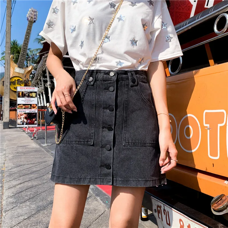 Черная Женская Повседневная джинсовая юбка с карманами 2019 Весна Лето Новая