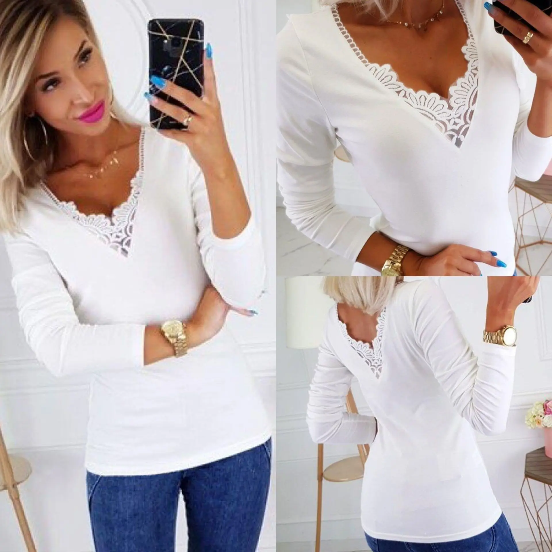 Женская кружевная блузка с длинным рукавом однотонная Привлекательная