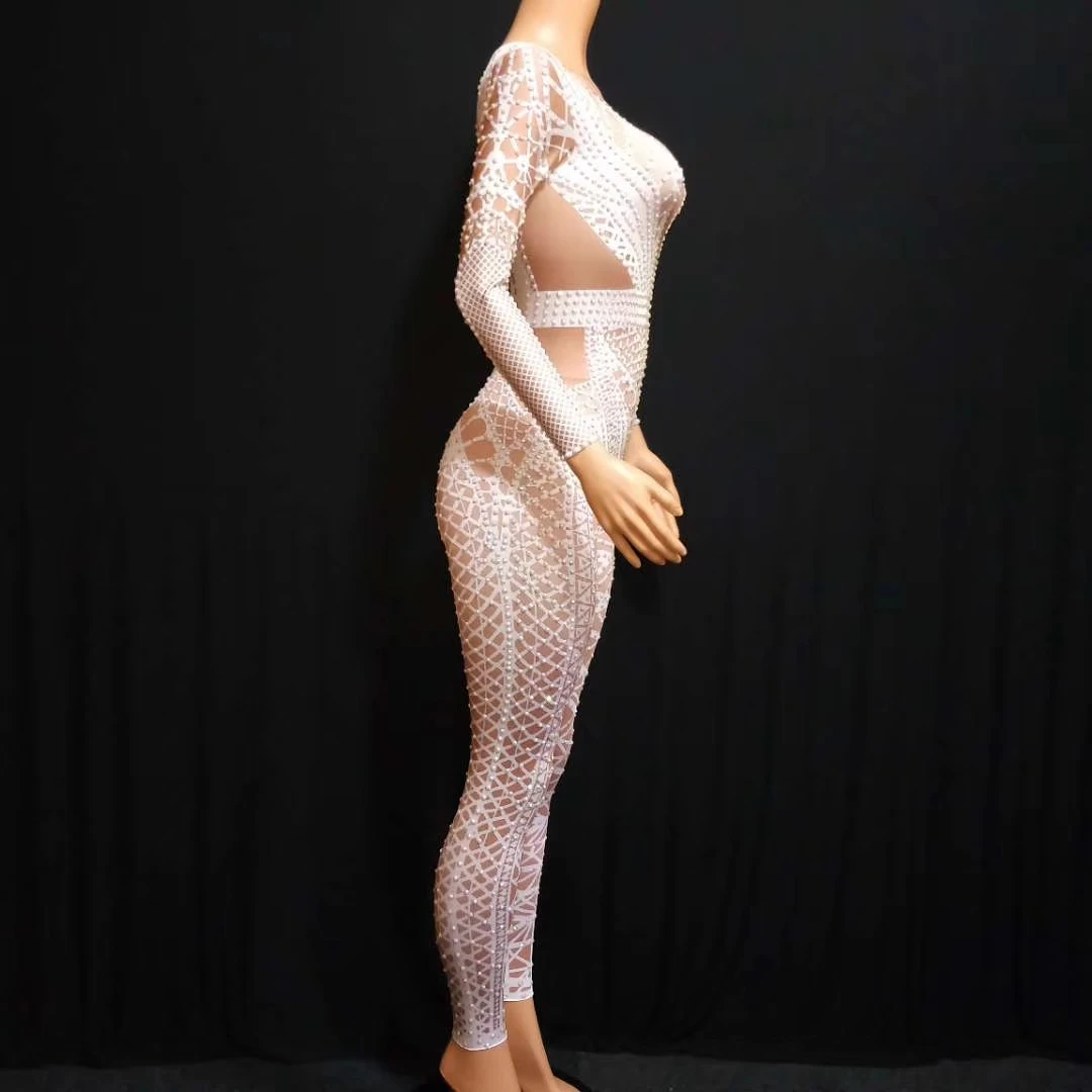 Женский комбинезон Стразы с длинным рукавом вечернее эластичное боди из