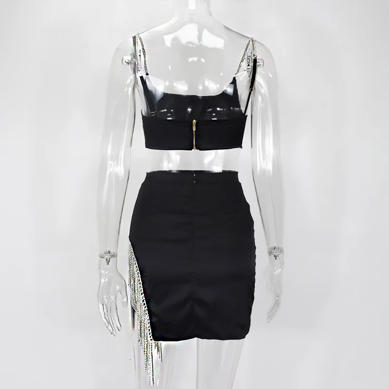 Dressmecb, Осенний сексуальный женский комплект 2 шт., короткий жилет, топ и мини-платье с кисточками, комплект с тонкими лямками на молнии, элегантный комплект из двух предметов