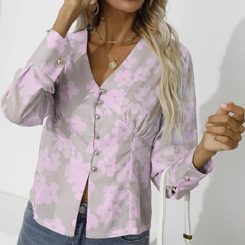 

Elegant floral printing top women shirts chic vintage woman's T-shirts single-breasted V-neck long-sleeved casual female tees
