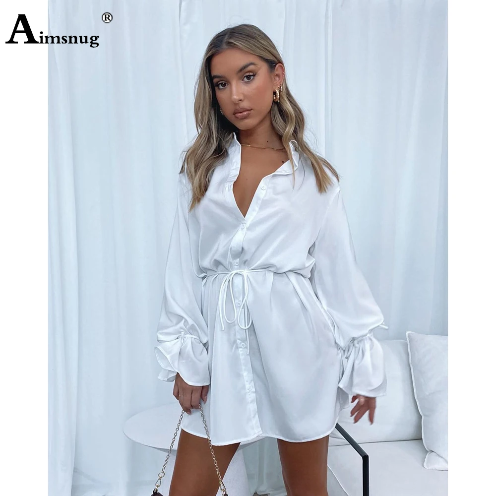 

Women Elegant Fashion Short Dress Autumn Loose Party Dresses Mini Vestidos Sexy Femme Clothing 2021 Single-Breasted Shirt Dress