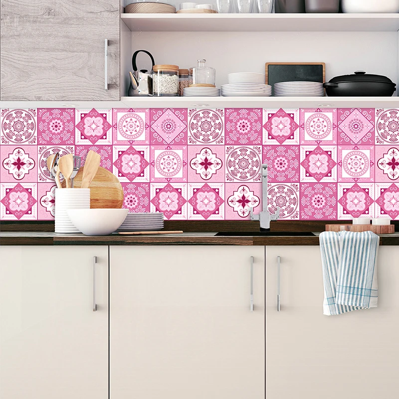 12pcsset pvc hard film pattern wall stickers romantic pink home decoration kitchen and bathroom diy self adhesive tile sticker free global shipping