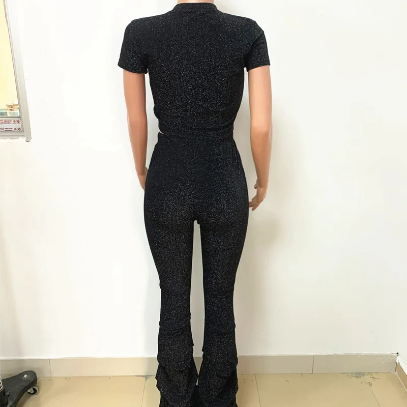 

2021 Women 2 piece Set Tracksuit Casual Short Sleeve glitter Crop Top And Skinny Jogger Pants Set Bodycon Fitness Two Piece Sets