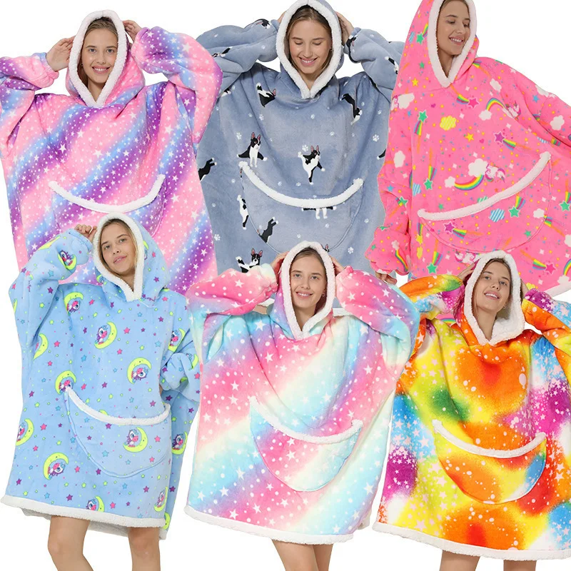 

Hoodie Blanket Women Oversize Fannel TV Blanket With Sleeves Winter Sherpa Warm Animal Print Camping Blanket Sweatshirt