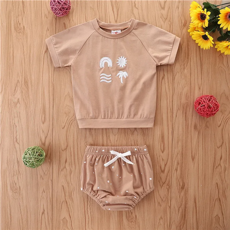 

Baby Summer Clothing Girls Clothes Set Rainbow Print Short Sleeve O-neck T-shirt Polka Dot Printed Drawstring Shorts Outfits