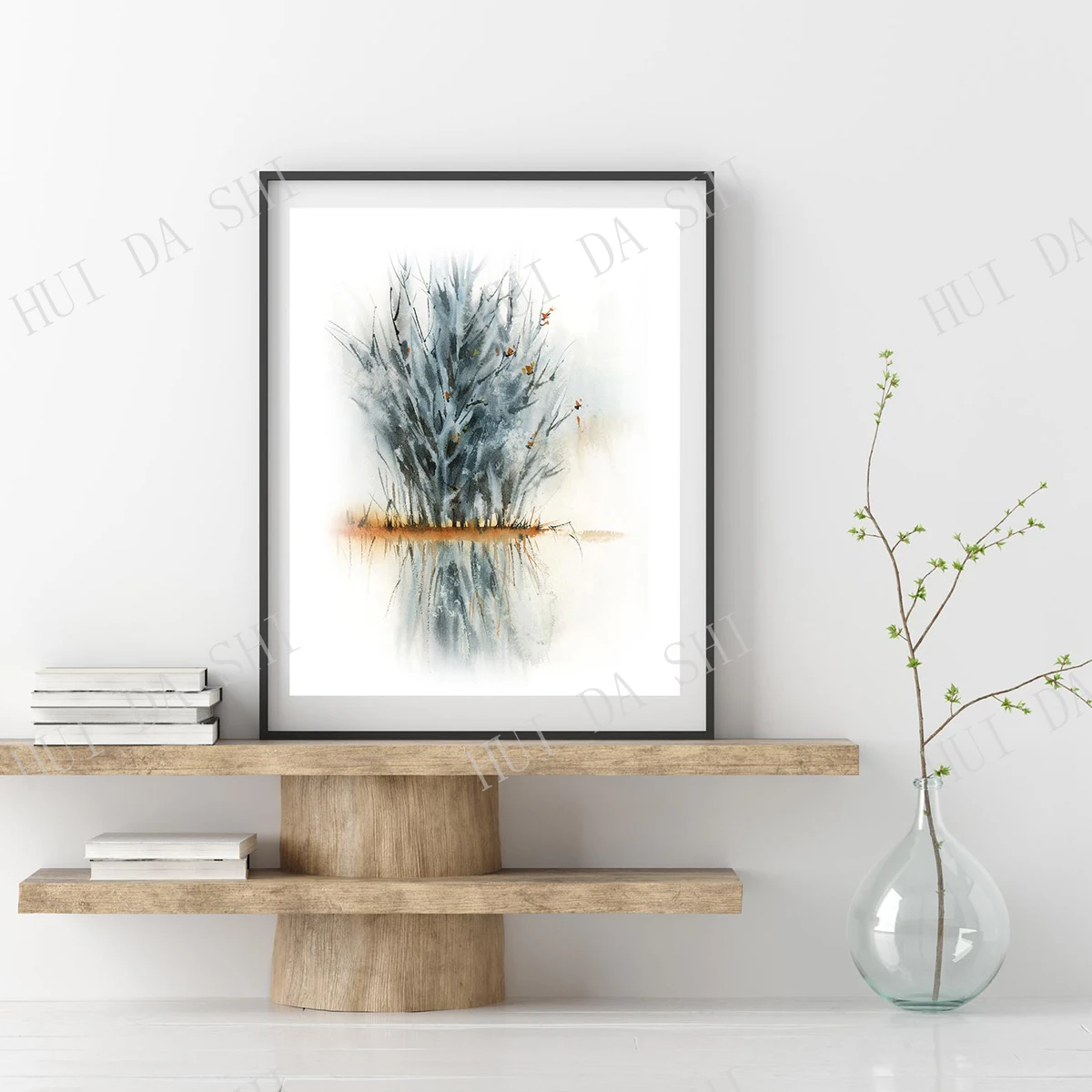 

Landscape Trees Art Print, Nature Watercolor Painting Abstract Realism, Nature Wall Art Print, Blue Orange Giclee Fine Art Print
