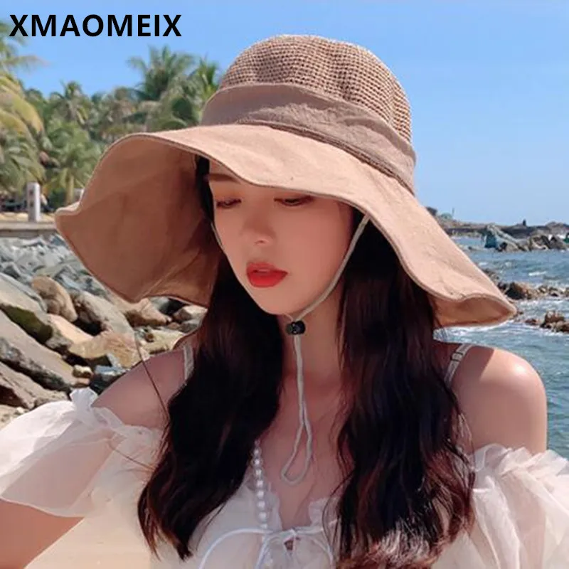 

XMAOMEIX Foldable Women's Panama Hat Big Eave Sun Hats New Summer Female Beach Hat Wind Rope Fixed Women Travel Sunscreen Hat