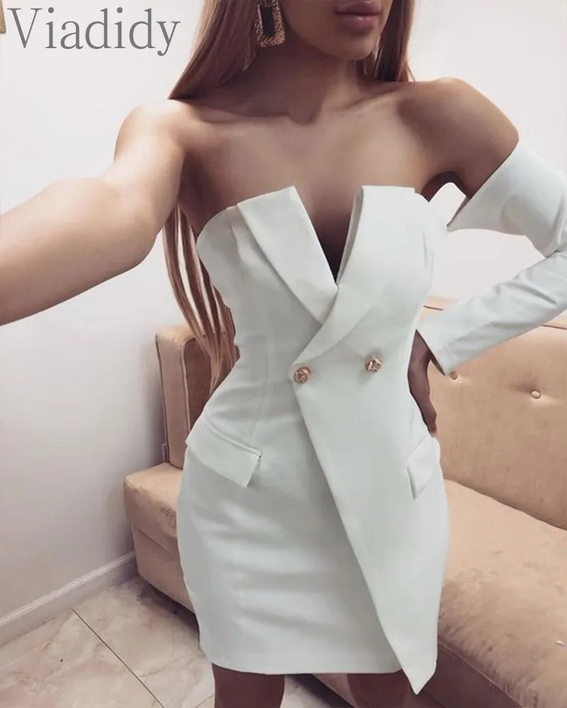

Women Elegant Solid Color One Sleeve Double Button Blazer Dress