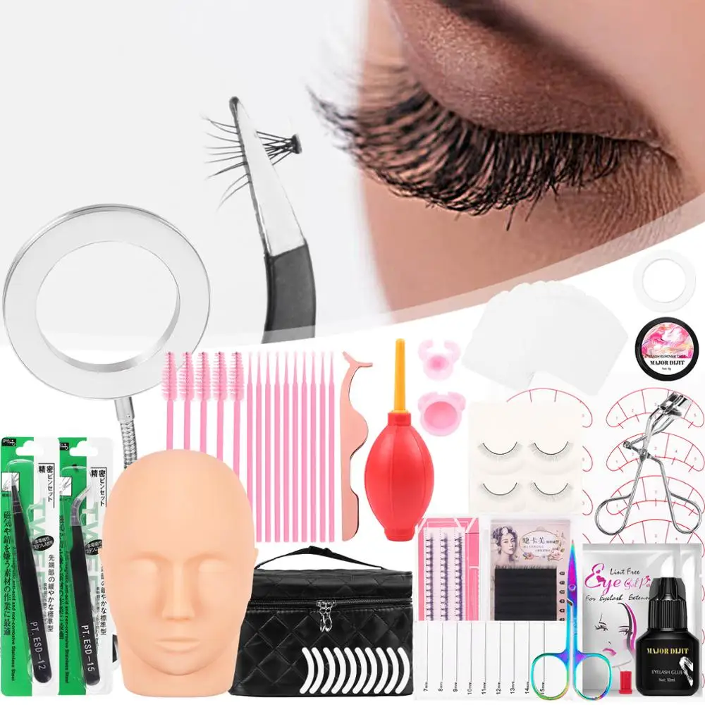 25 in 1 False Eyelash Extension Practice Mannequin Head Set Eye Pads Tweezers Glue Ring Brush Grafting Eyelash Tools Kit