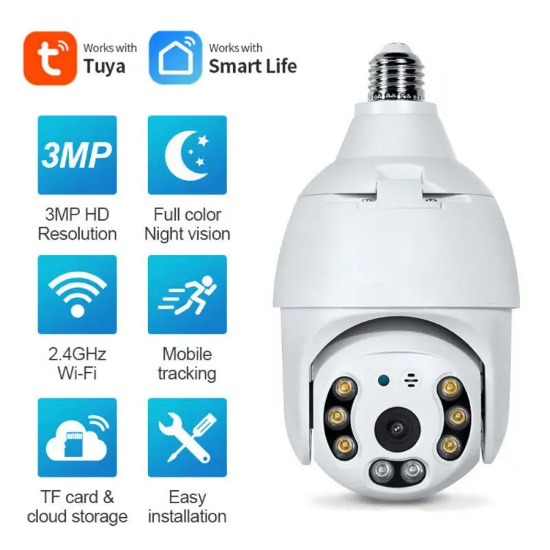 

3MP Tuya WIFI E27 PTZ Женская лампочка ночного видения PTZ камера видеонаблюдения CCTV работает с Tuya Smart Life