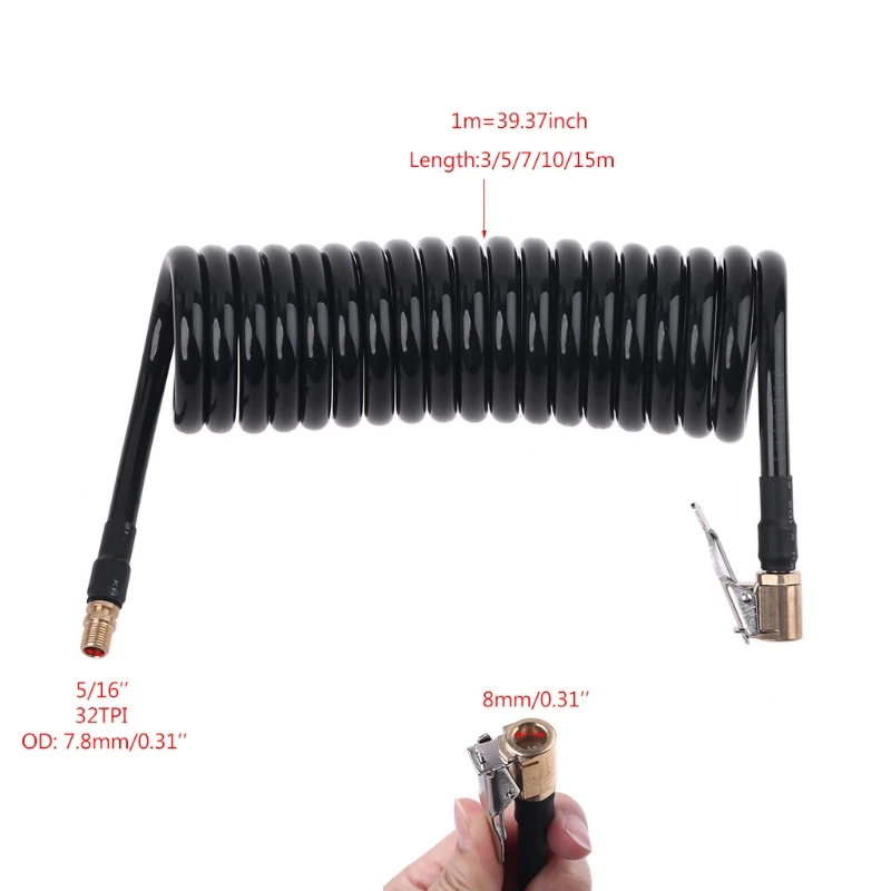 

3/5/7/10/15m Recoil Flexible Air Hose Compressor Tire Inflatable Tube with Self-Locking Air Chuck & 0.305"x32TPI Thread 649A
