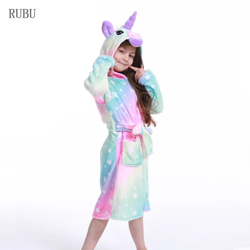 Pink star unicorn Kigurumi/Детские Банные халаты с капюшоном и единорогом; детский банный халат со звездами и радугой; пижамы для мальчиков и девочек; ночная рубашка; детская одежда для сна - Цвет: Pink star unicorn