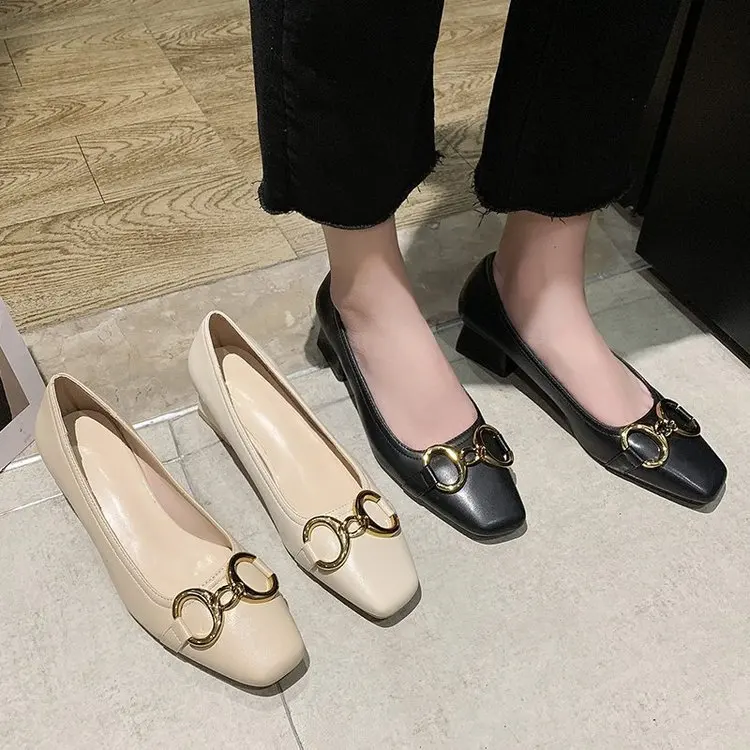 

Thick heel single shoes women's new Korean version simple temperament middle heel women's shoes square head metal buckle lazy sh
