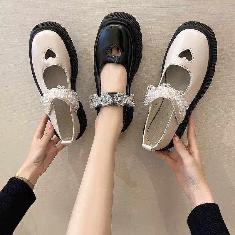 

Casual Woman Shoe Oxfords Crystal Clogs Platform Shallow Mouth British Style Female Footwear Round Toe New Leather Rhinestone Cr