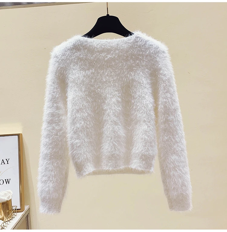 

Autumn Winter Knitted Mohair Stretch Sweater Tops Women Elegant Hollow Out Chain V Neck Long Sleeve Bottoming Sweater