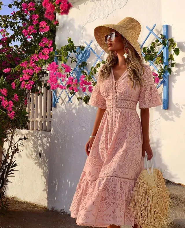 

Dresses Sundress Sexy Beach Party Lace White Women Female Ladies Bobo / Summer Ruffle Floral Print V-neck Mini S M L XL Boho,