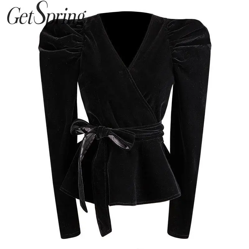 Getвесна женская блузка бархатный топ рубашка v образный вырез пышные рукава