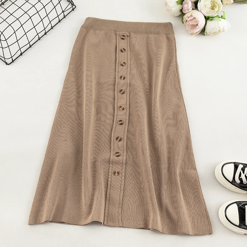 SINGRAIN популярная вязаная женская юбка трапециевидной формы с пуговицами длинные