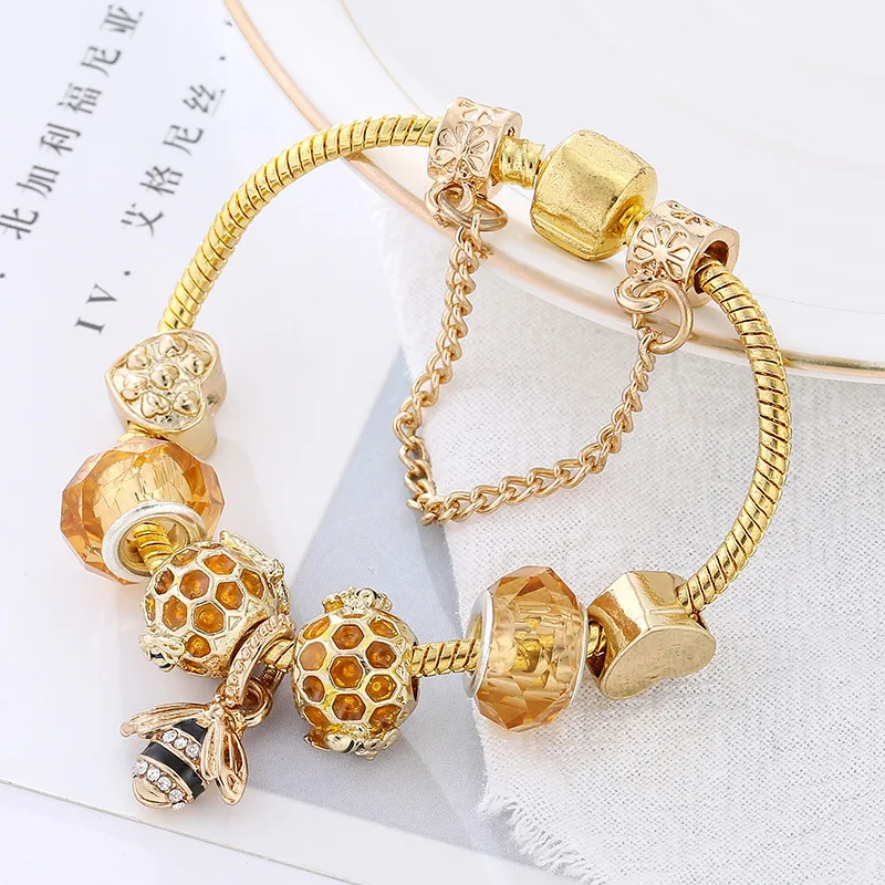 Шарм Золотой Апис флорея браслет соты эмаль жемчуг Сплав пластина с серебряным