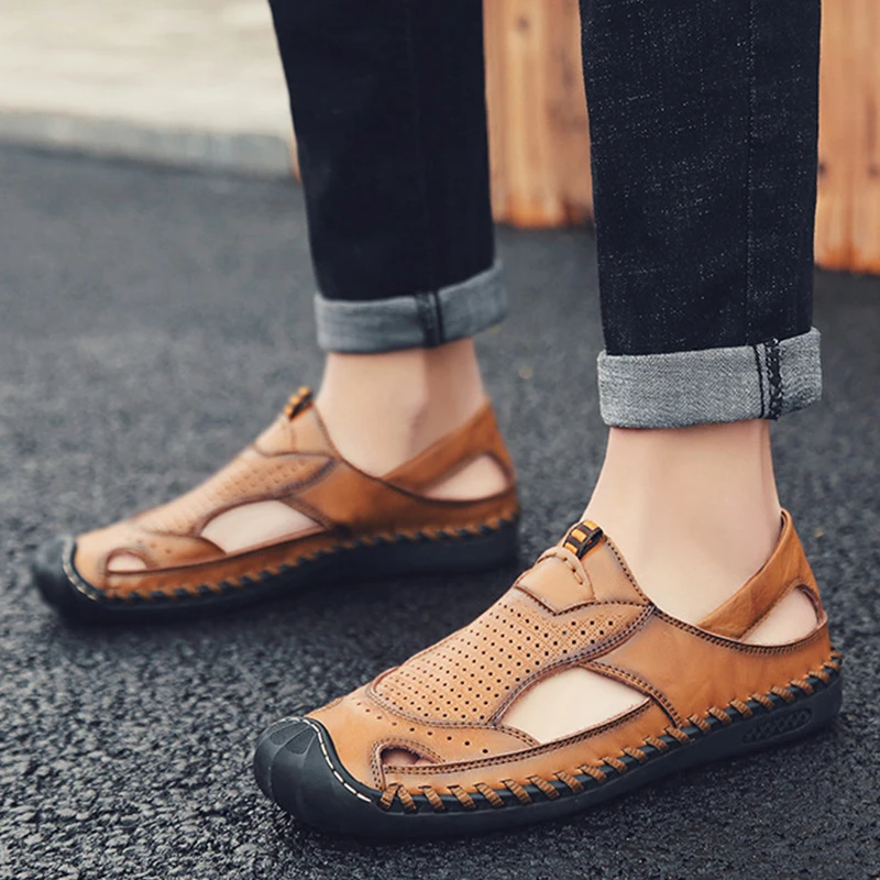 Мужские кожаные сандалии с перфорацией коричневые повседневные из дышащей кожи