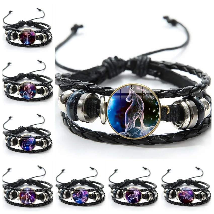 

Hot Sale 12 Constellation Popular Style Handmade Leather Bracelet Alloy Woven Multi-Layer Couple Charm Bracelet Wholesale