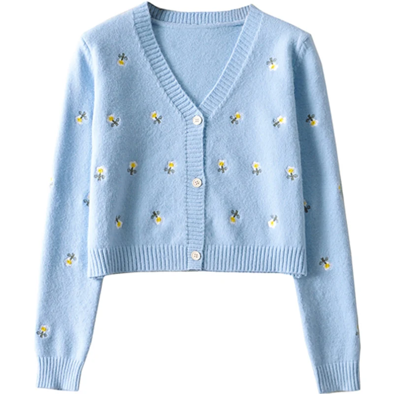 

Cotton V-neck Embroidery Knitwear Top for Women Autumn Long Sleeves Outerwear All-Matching Fairy Sweet Sweater Cardigan Coat