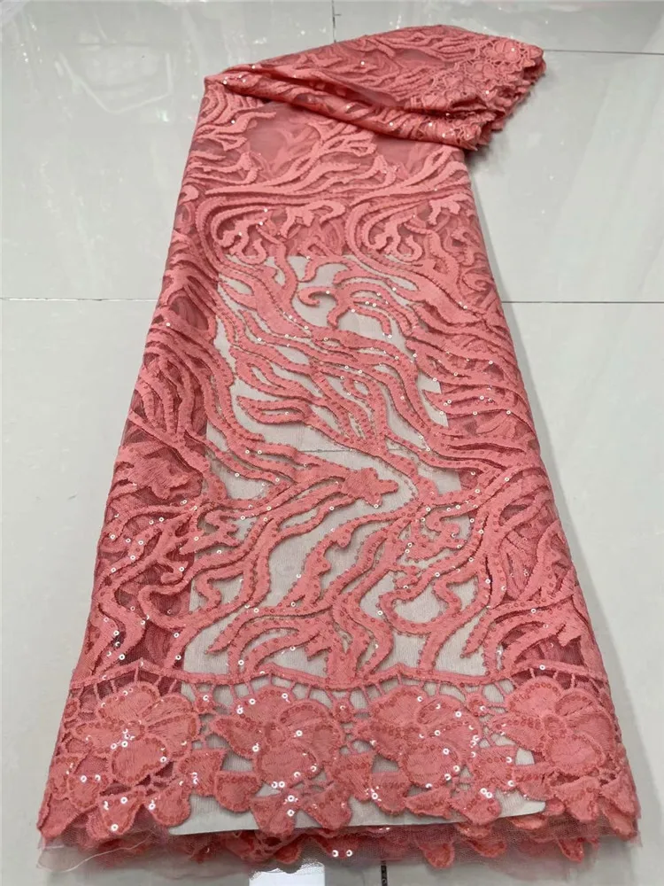 

Latest pink Nigerian African Lace fabric High Quality French Tulle Lace Fabric sequins Embroidered Women's FYU25