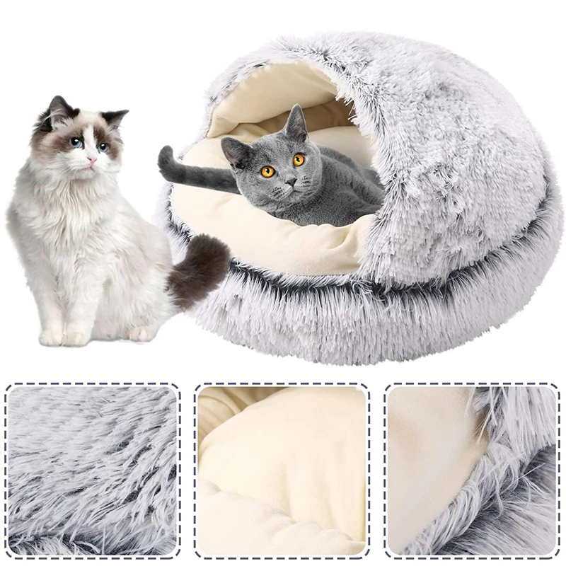 

Round Cat Bed Long Plush Cat's House Beds for Cat Winter Warm Pet Cats Kennel Cushion Kitten Sleeping Bag Small Cat Dog Bed