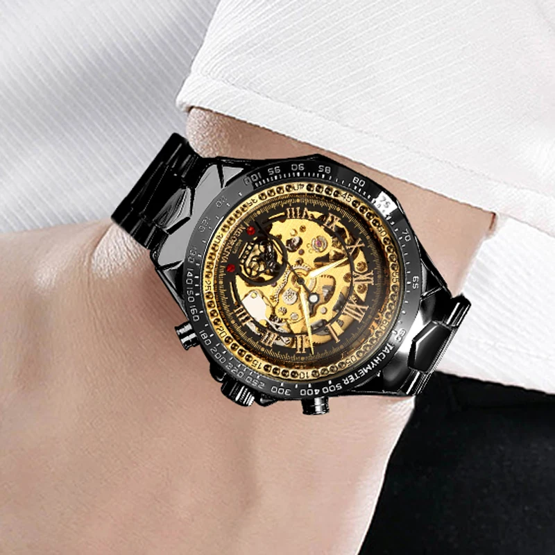 Золотые черные мужские часы Скелет дизайн металлический ремешок бизнес стильные