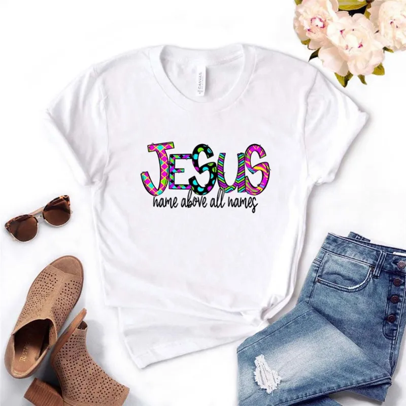 Летняя женская футболка 2021 г. с принтом &quotимя Иисуса выше всех" Женская