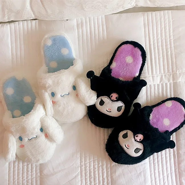 Zapatillas de felpa con dibujos animados para mujer, zapatos planos de felpa con dibujos animados Kuromied cinnamoroled, c&oacute;modos y c&aacute;lidos, informales, para el hogar-0