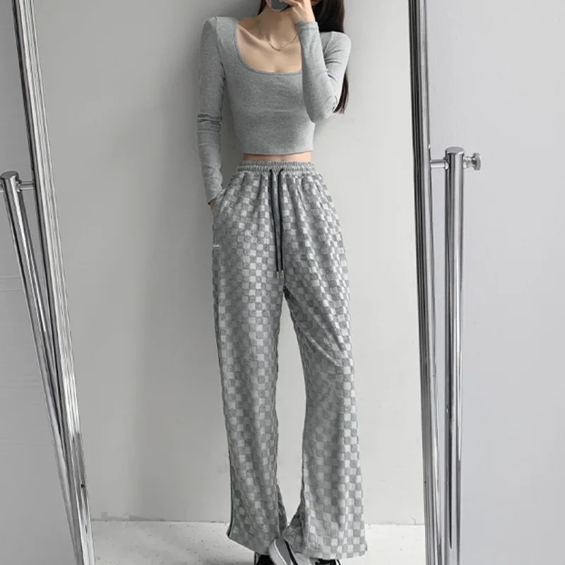 

WOMENGAGA Fashion Checkerboard High Waist Drawstring Straight Pants Women Korean Casual Side Zipper Loose Plaid Trouser PF1O
