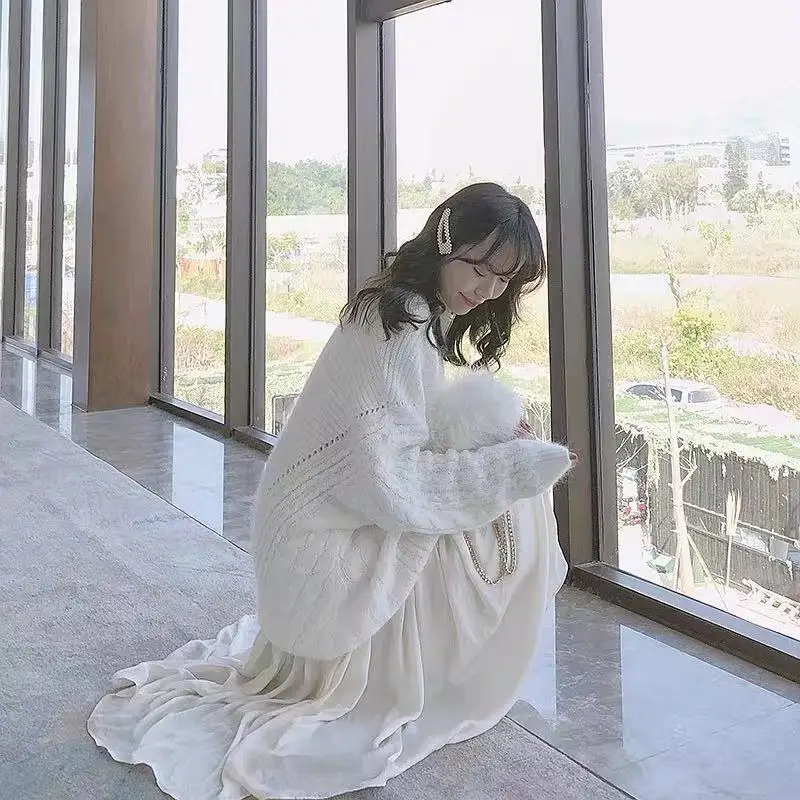 Комплект из 2 предметов Женский вязаный пуловер оверсайз и платье сетчатой пряжи