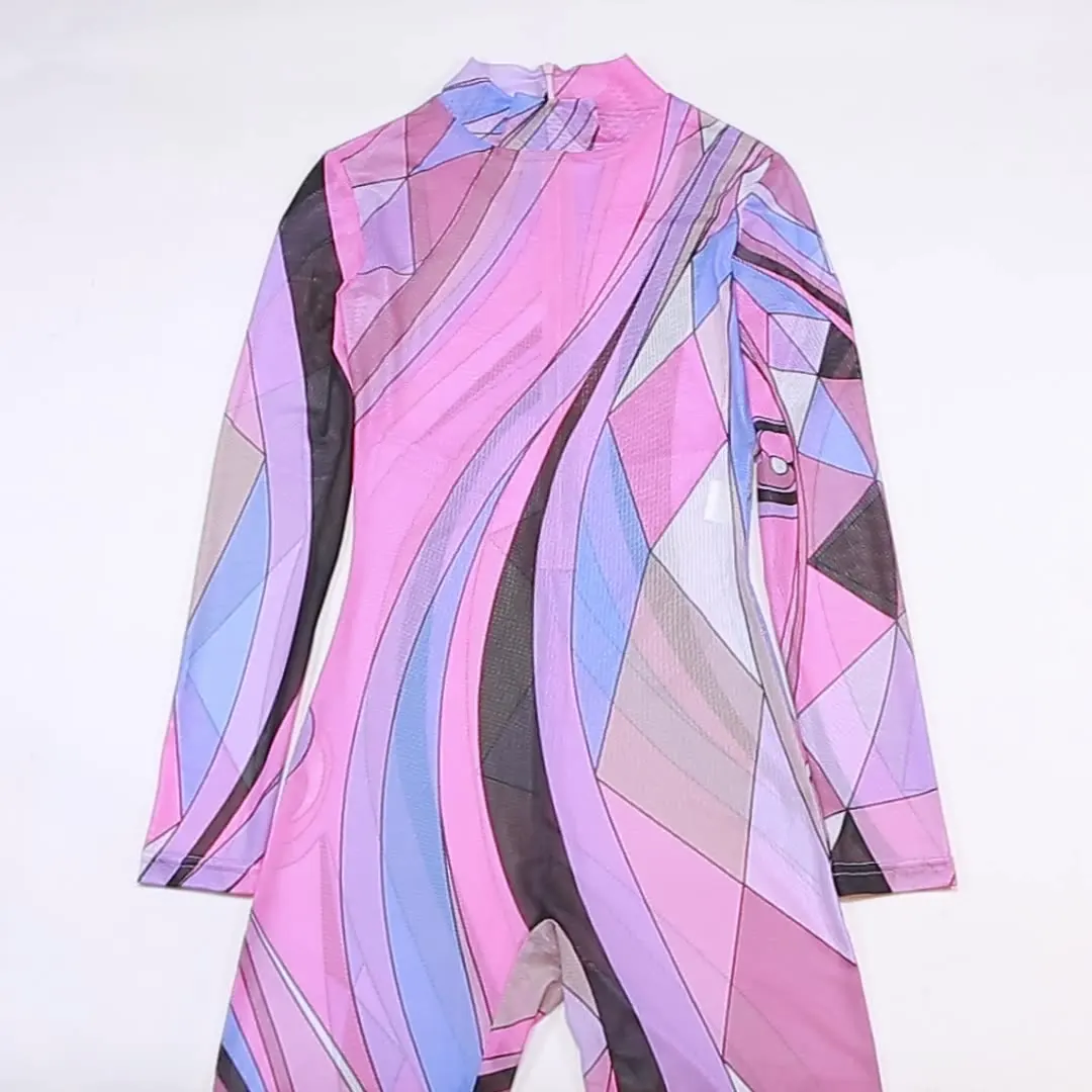 

K21Q00158 Mesh Printed Slim Romper Long Sleeve Bodysuits For Women Summer Jumpsuits